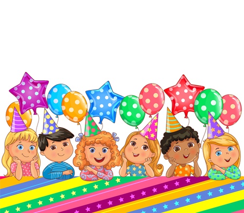 Birthday bright banner with balloons and kids vector 03