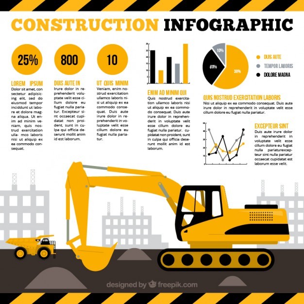 Excavator with yellow infographic elements