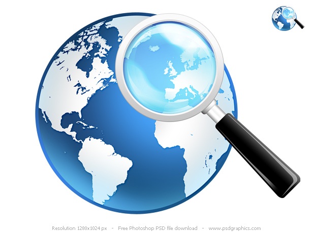 Global search icon, psd globe and magnifier