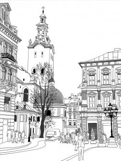 European architecture and road line drawing