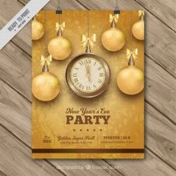 New year party poster with golden baubles