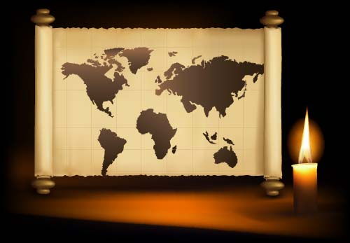 Scroll world map and candle vector background