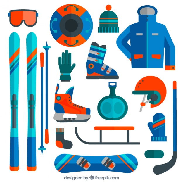 Ski and snowboard equipment in flat design