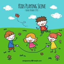 Background of hand drawn children playing in the field