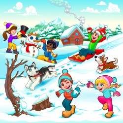 Funny winter scene with children and dogs cartoon vector illustration