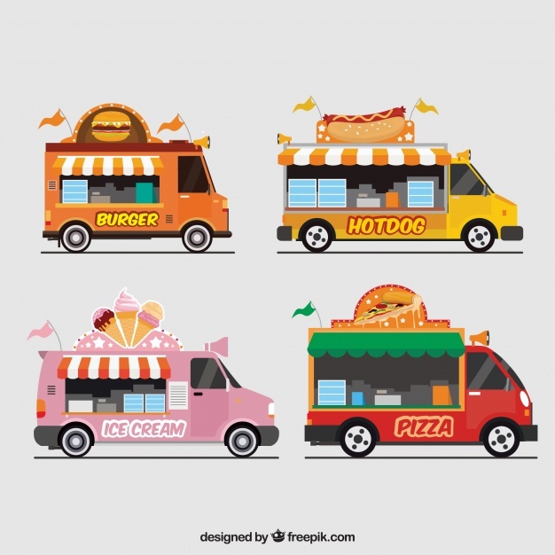 Pack of food trucks with awnings