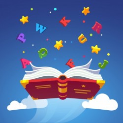Magical book flying scattering alphabet letters