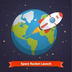 Cartoon space rocket leaving earth orbit