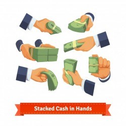 Hand poses giving, taking or showing cash stacks