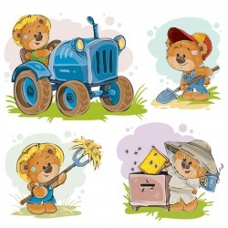 Set of vector illustrations of teddy bears tractor driver, beekeeper, farmer