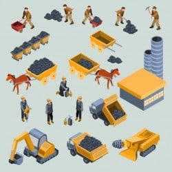 Mine, quarry workers and machines isometric vector