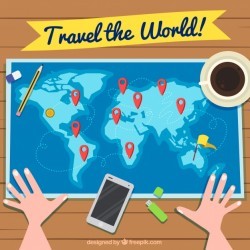 Travel background with person looking at world map