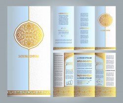 islamic floral brochure light blue and gold vector