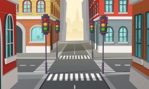City crossroads with traffic lights, intersection