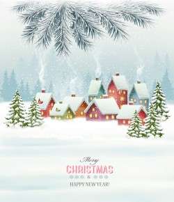 Christmas background with winter landscare and village vector