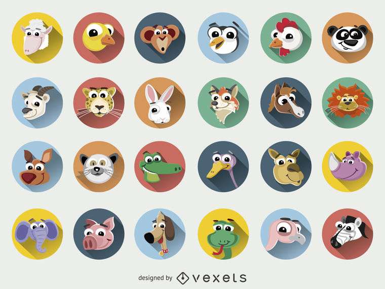 Funny Animal cartoons faces icon set