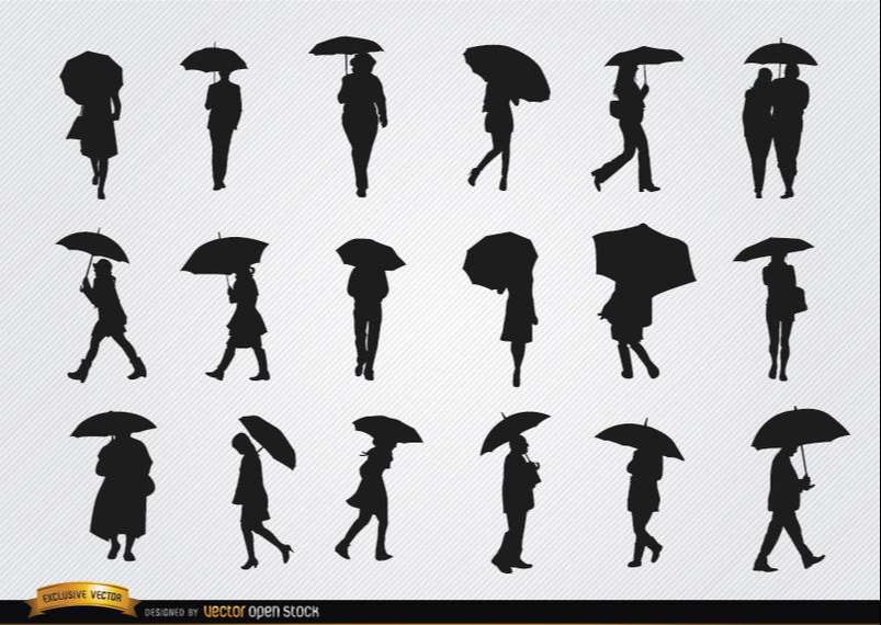 People walking with umbrella silhouettes set