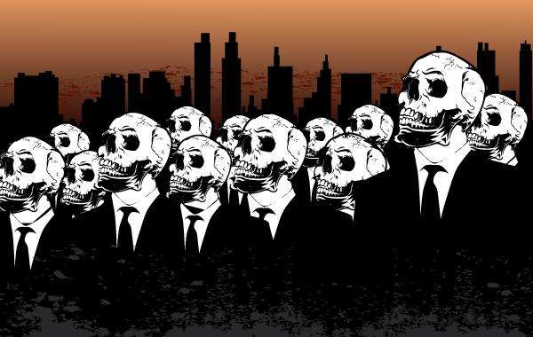 Peoples with Skulls and City Behind