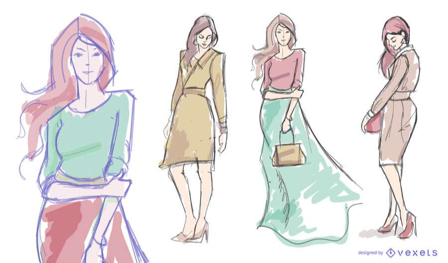 Women model fashion drawing set
