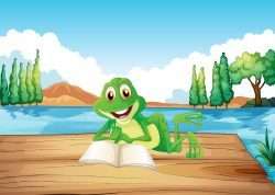 A frog reading a book at the wooden diving board