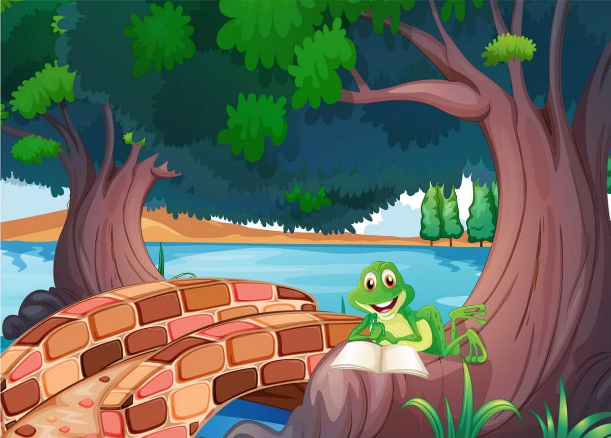 A frog reading under the tree beside a bridge