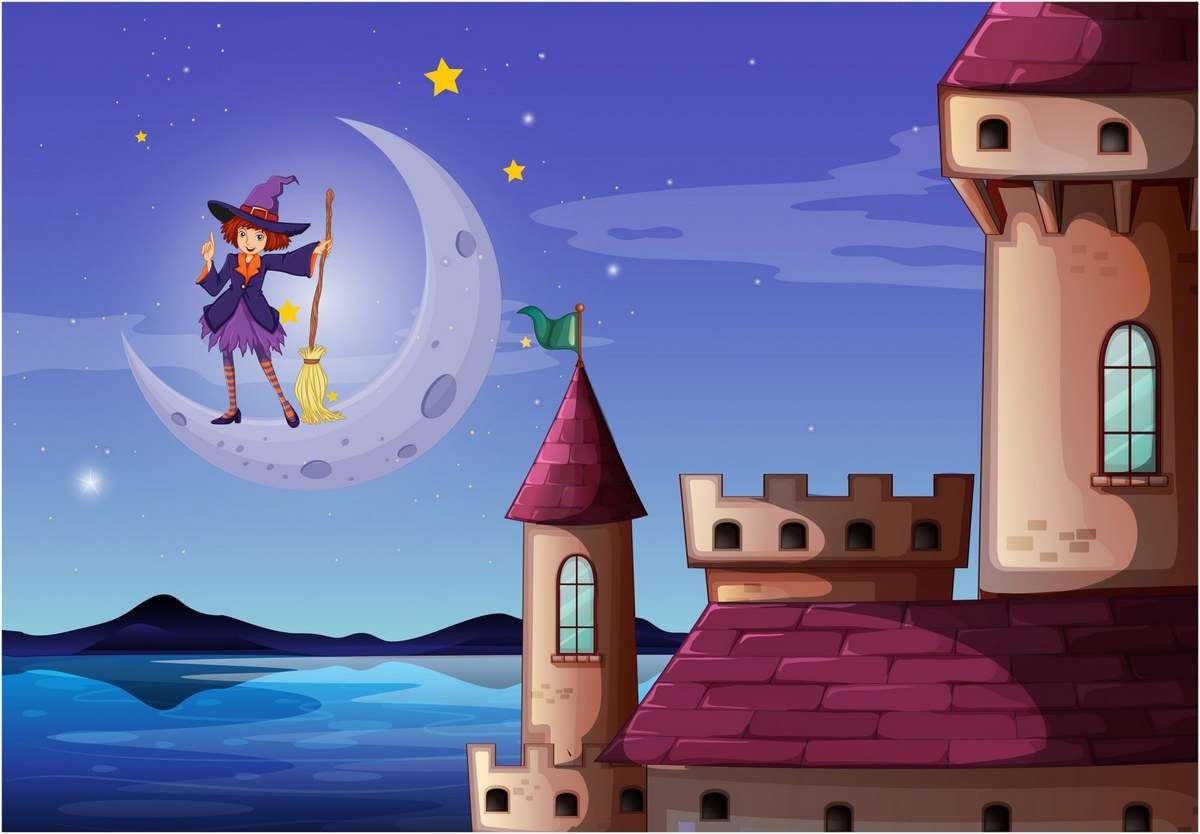 A witch with a broomstick standing near the castle