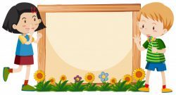 Banner template design with boy and girl in garden