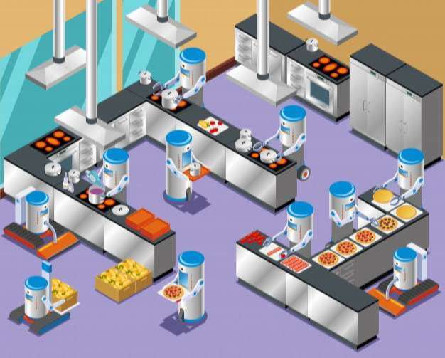 isometric robotic restaurant composition