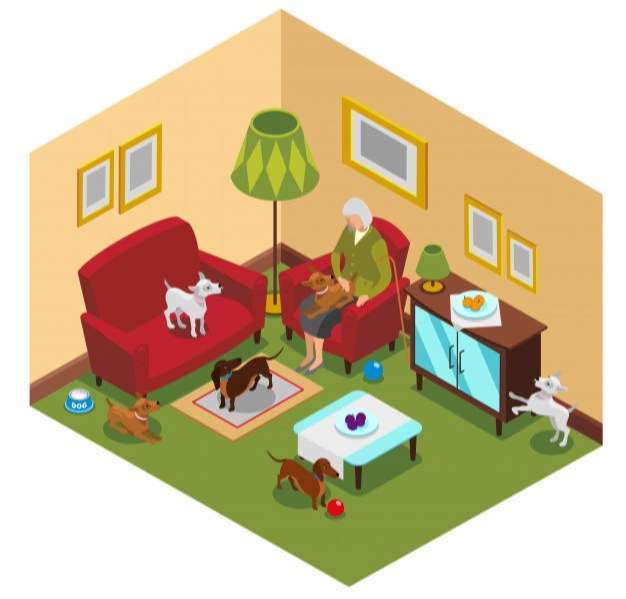 Old lady dogs isometric composition