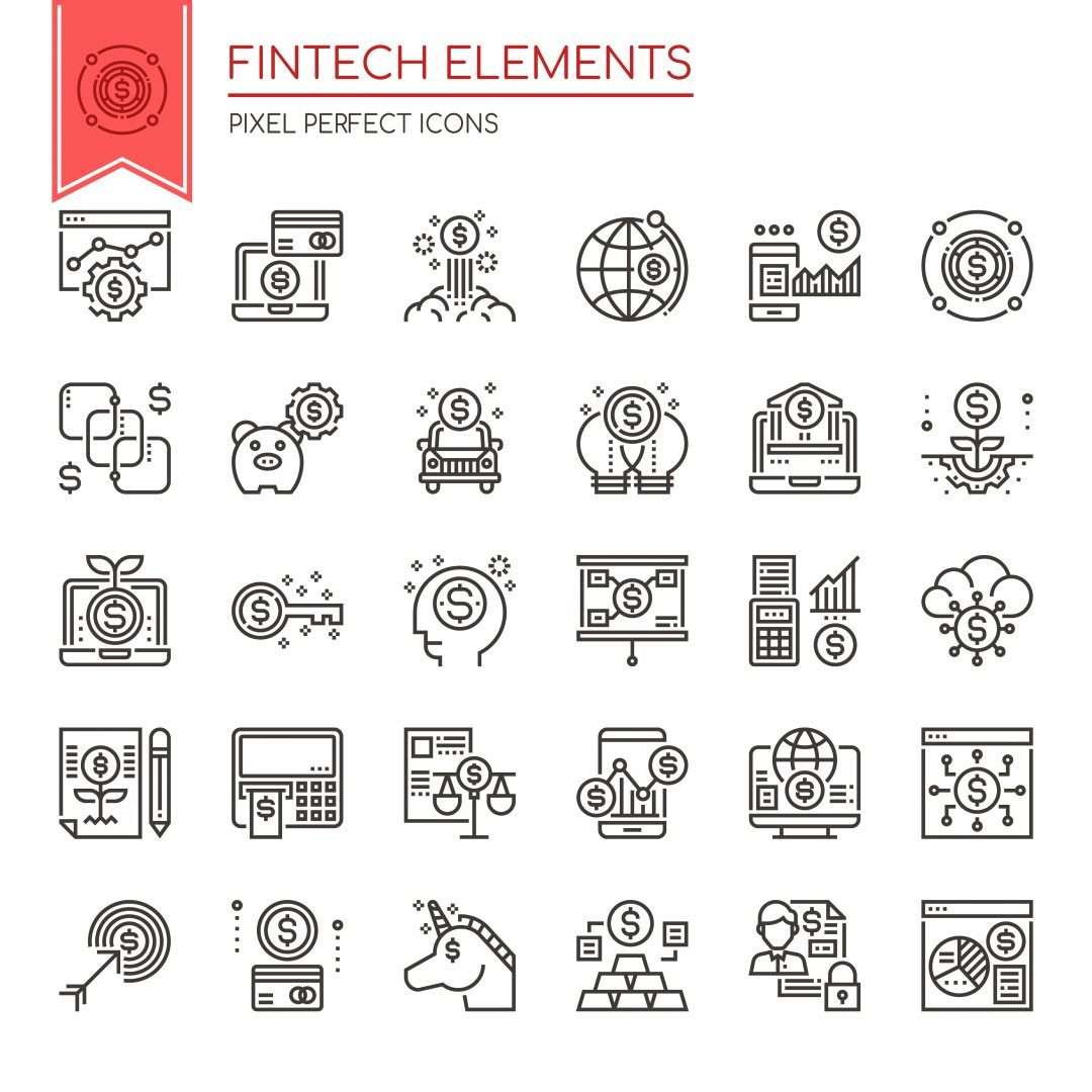 Set of Black and White Thin Line Fintech Elements