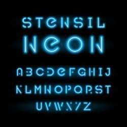Stencil neon typeface, blue modular round alphabet