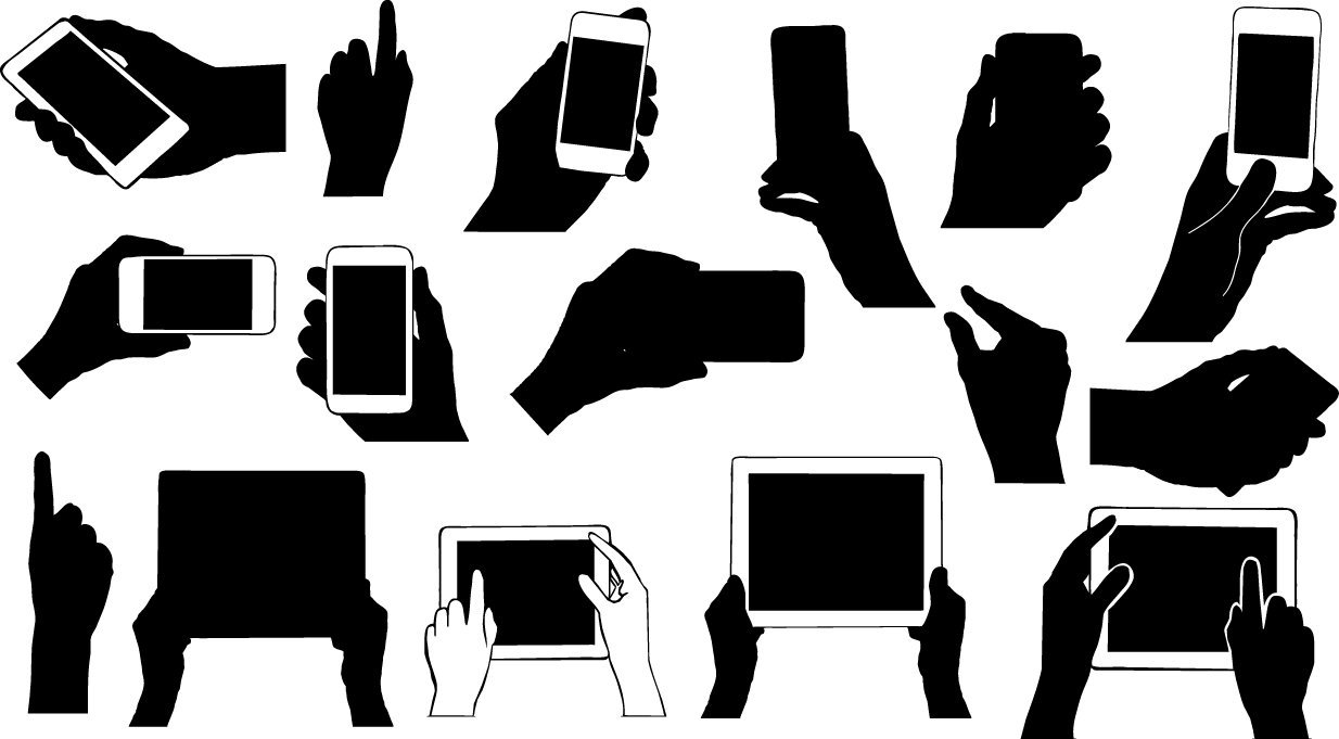 Hands holding electronic device silhouettes Vector