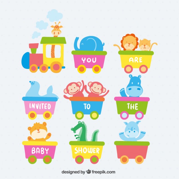 Baby shower invitation with a train and animals