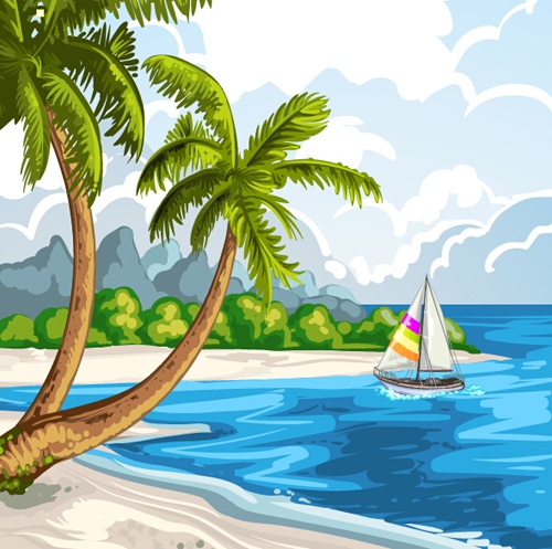Beach with sea scenery vector design 01