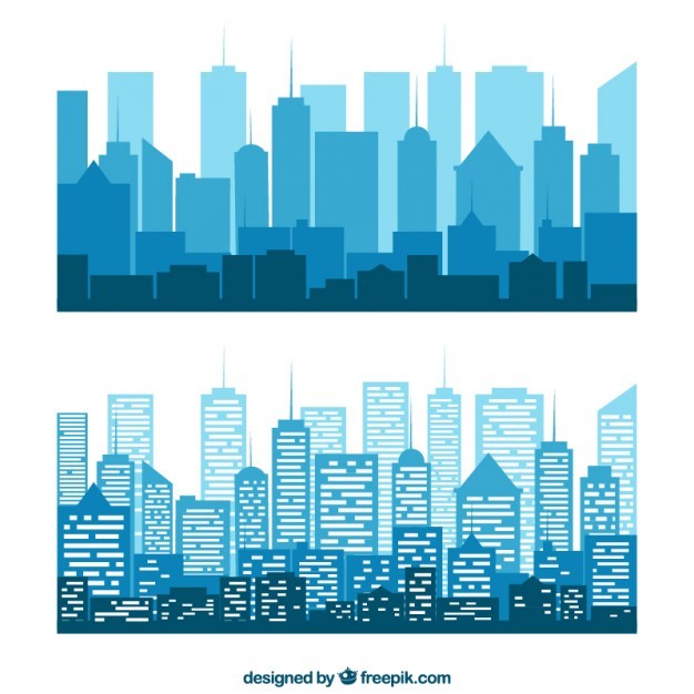 Blue silhouettes of buildings