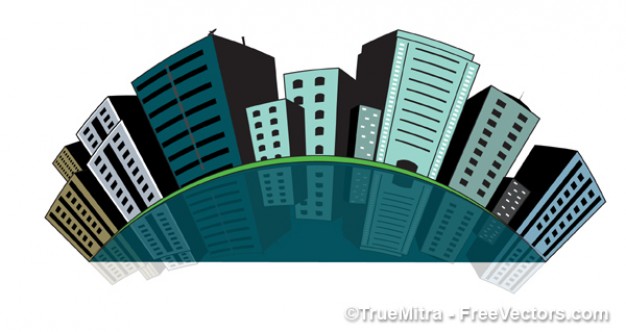 City buildings push pins