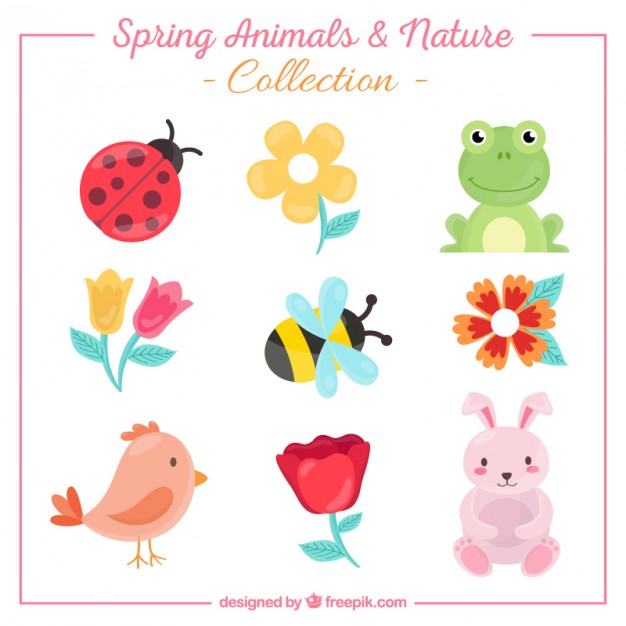 Collection of cute animals and flowers