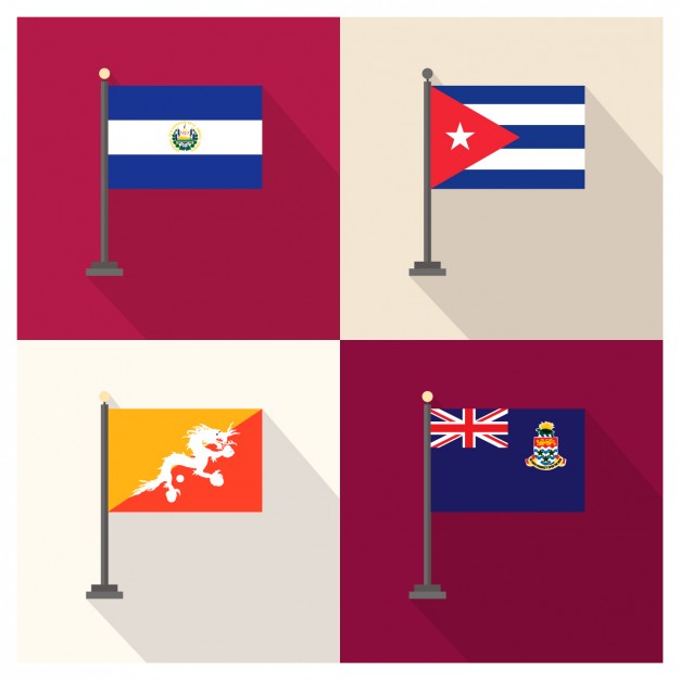 El Salvador Cuba Bhutan and Cayman Islands Flags