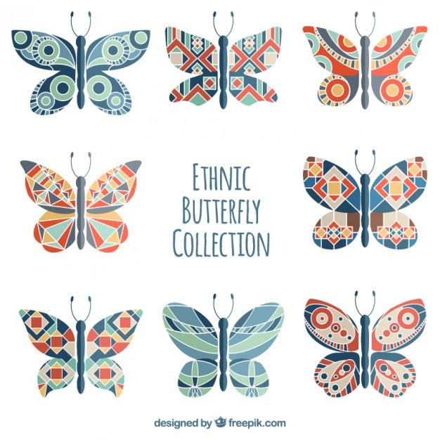 Hand drawn butterflies with colored geometric shapes