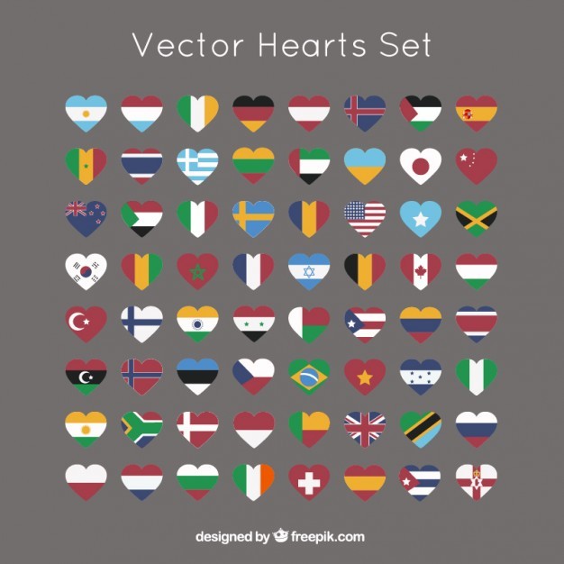 Hearts collection with international flags