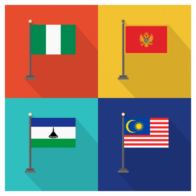 Nigeria Montenegro Lesotho and Malaysia Flags