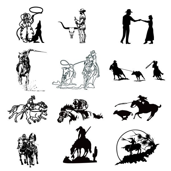 Series of black and white painting of a cowboy