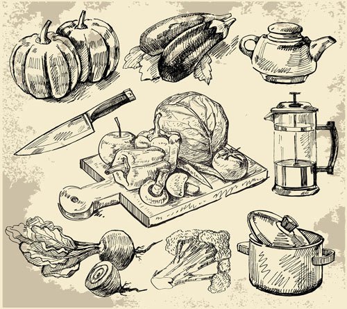 Set of Sketch Kitchen supplies vector 01
