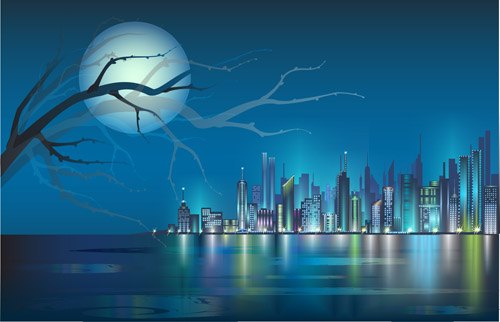 Shiny Night City landscape vector 01