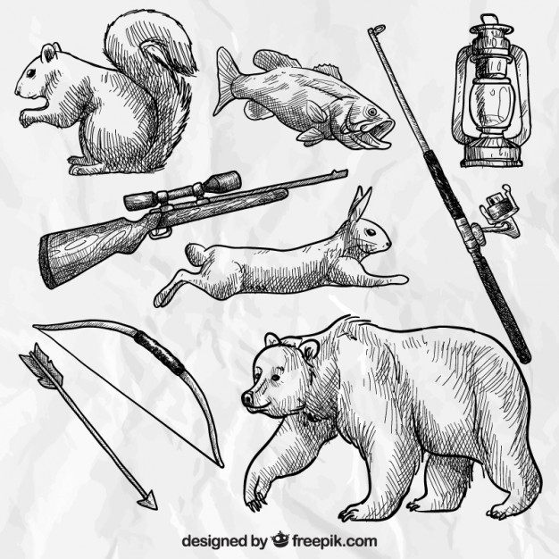 Sketchy forest animals and hunting weapons