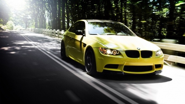 Wallpaper Auto, Bmw m3, Yellow, Road, Forest, Summer HD