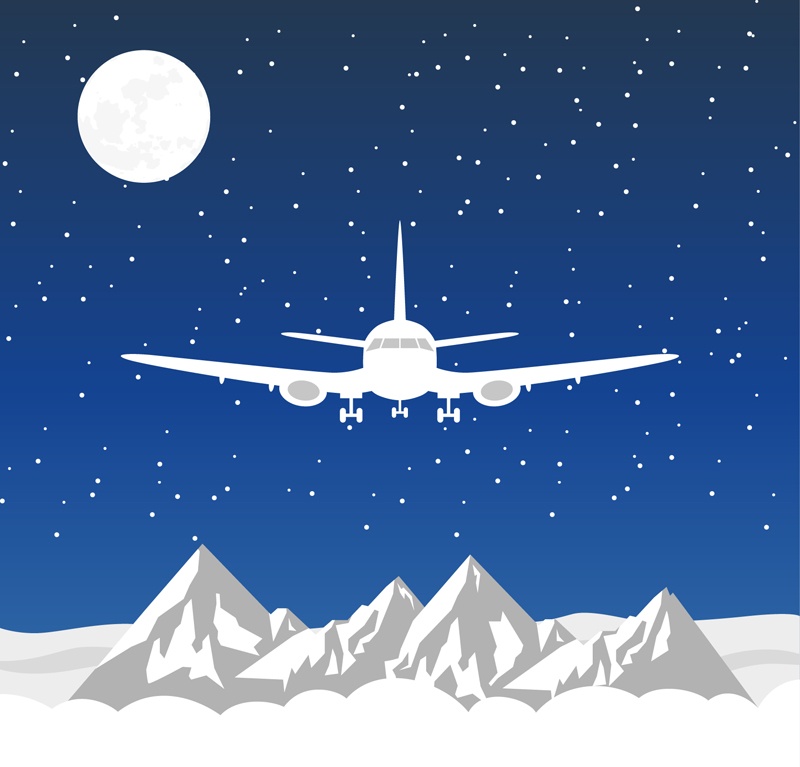 Aircraft flying over the snow-capped mountains vector material