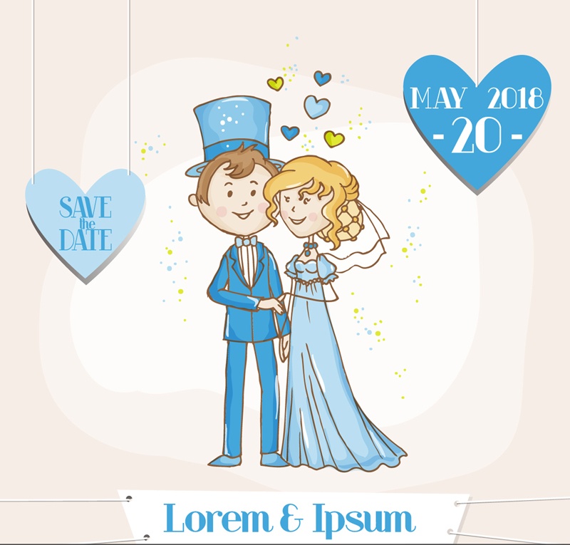 Blue cartoon bride and groom vector character vector material