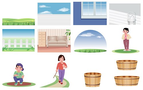 Cartoon characters and scenery material vector illustrations