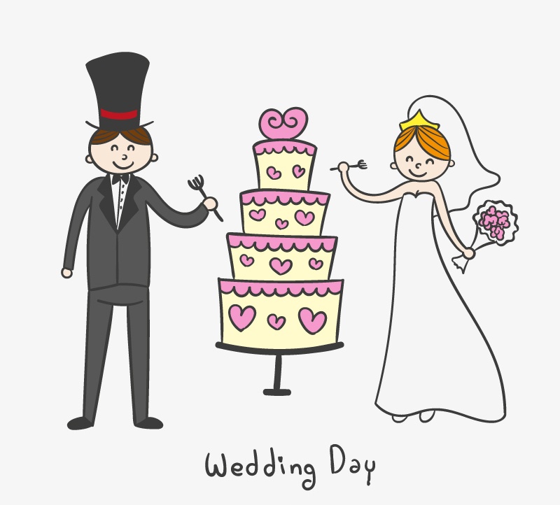 Cartoon wedding cake with the bride and groom vector character